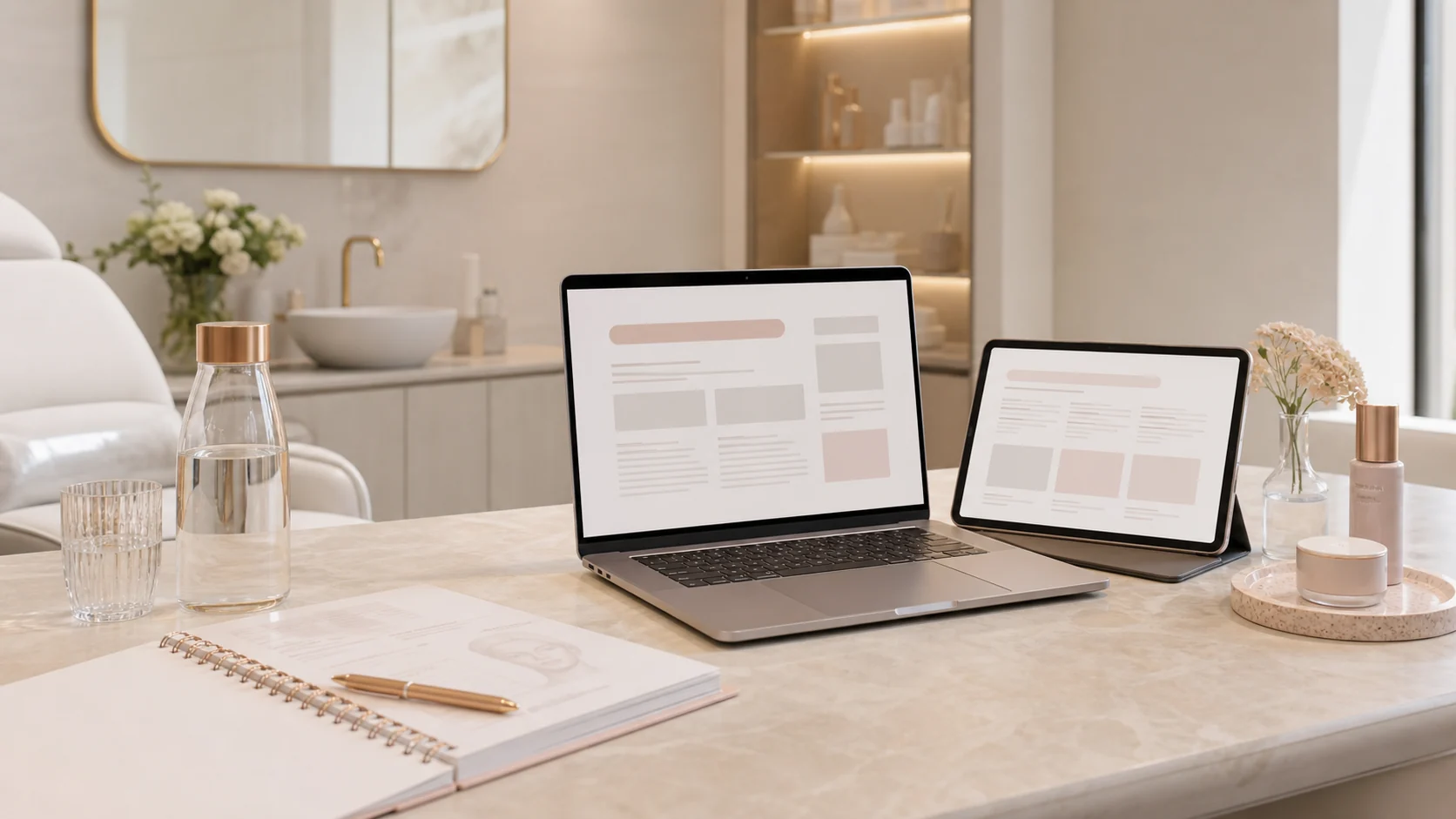AI search and content strategy workspace inside a bright aesthetic clinic