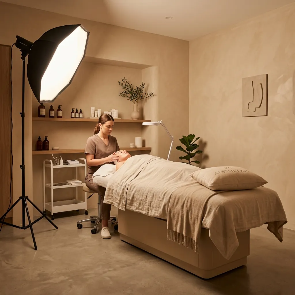 Professional softbox lighting setup illuminating a clean clinic room