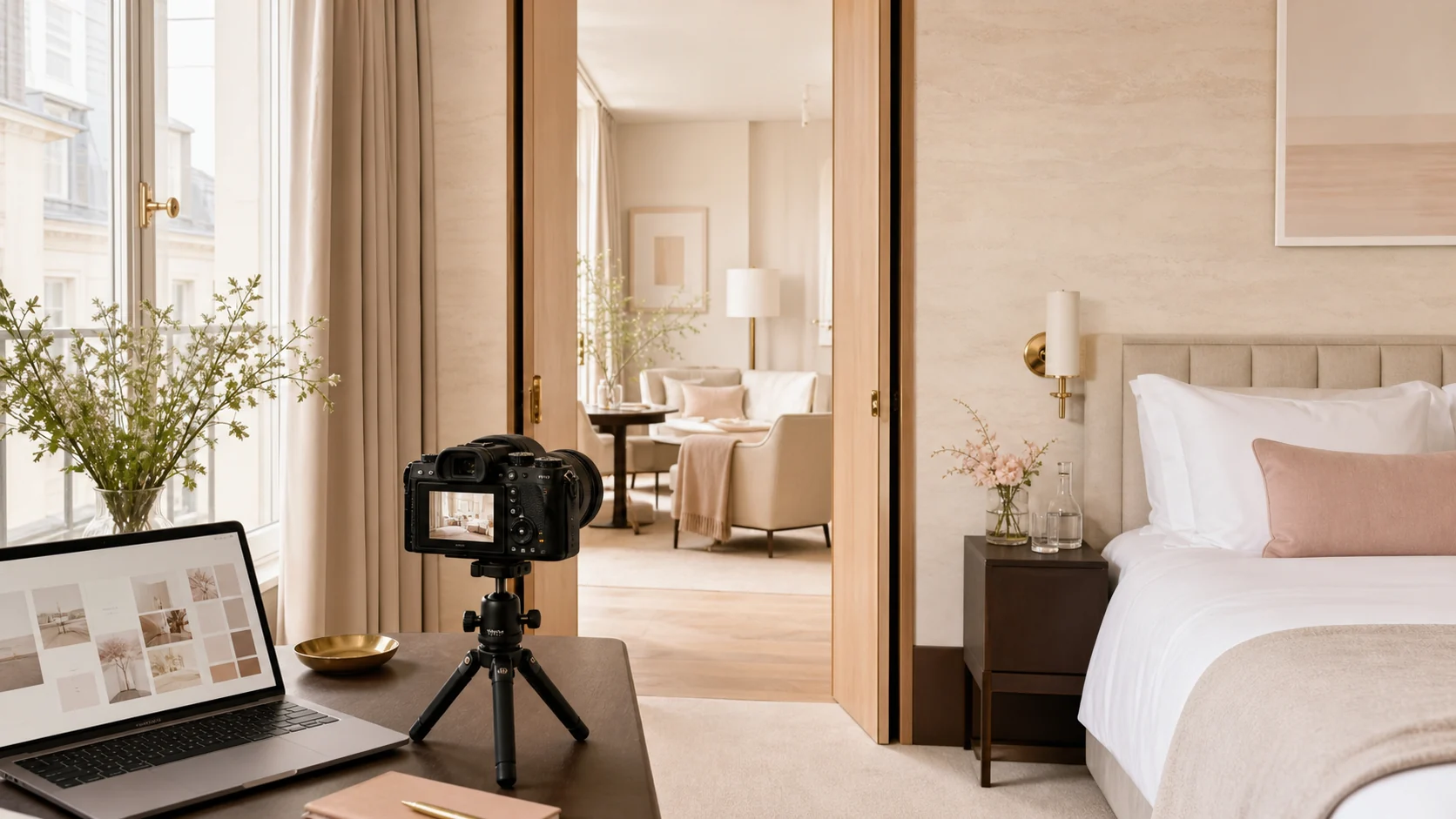 Content production setup inside a bright luxury boutique hotel suite