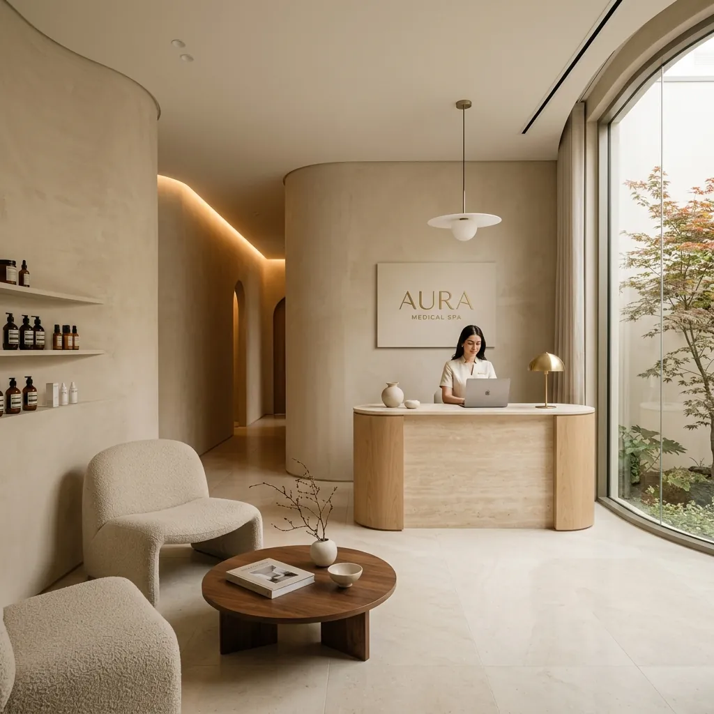 A stunning high-end medical spa reception area with curved beige walls