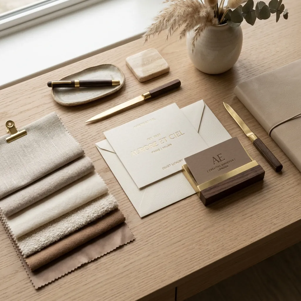 Abstract composition of luxury branding materials in beige and mocha