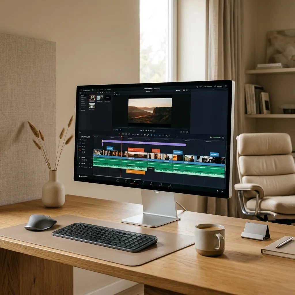 A sleek video editing timeline on a minimalist monitor