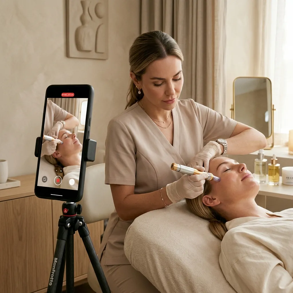 A sleek smartphone recording a close up of a luxury aesthetic clinic treatment