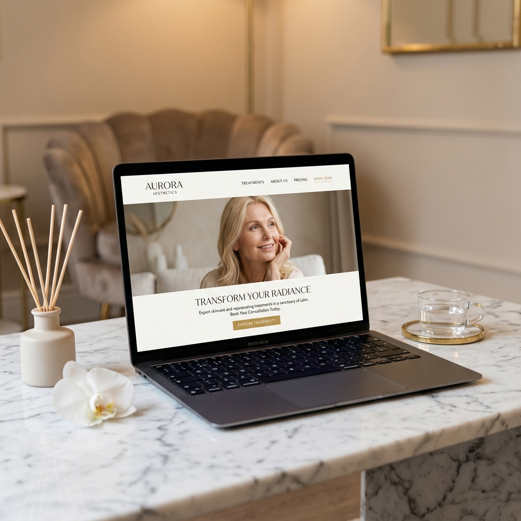 A sleek minimalist laptop showing a fast-loading elegant aesthetic clinic website