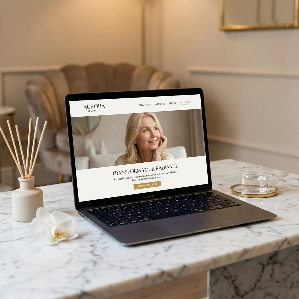 A sleek minimalist laptop showing a fast-loading elegant aesthetic clinic website