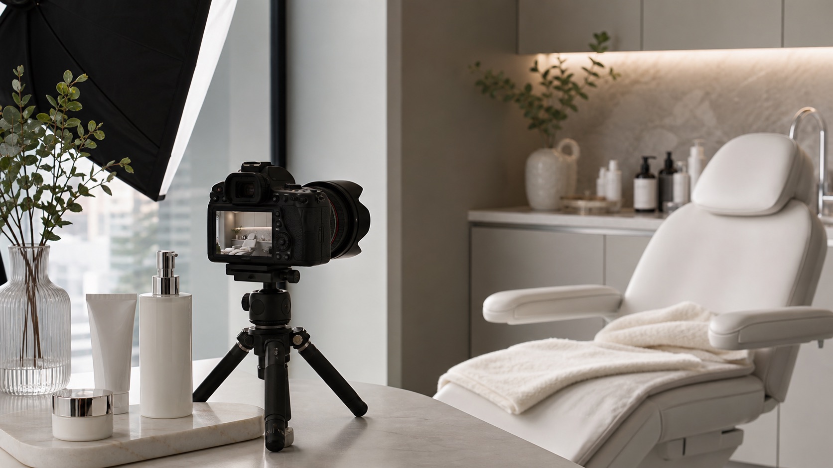 Content shoot setup inside a refined aesthetic clinic